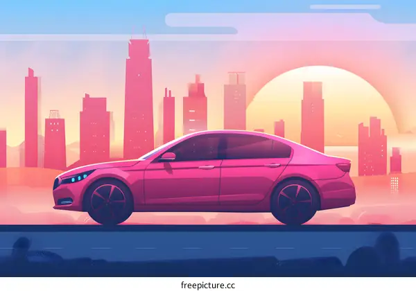 Pink Car Illustration Against City Skyline at Sunset
