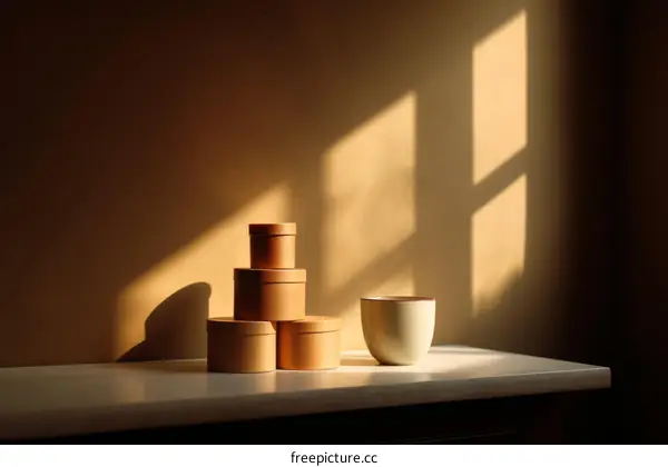 Warm Sunlight Illuminating Decorative Boxes and a Cup