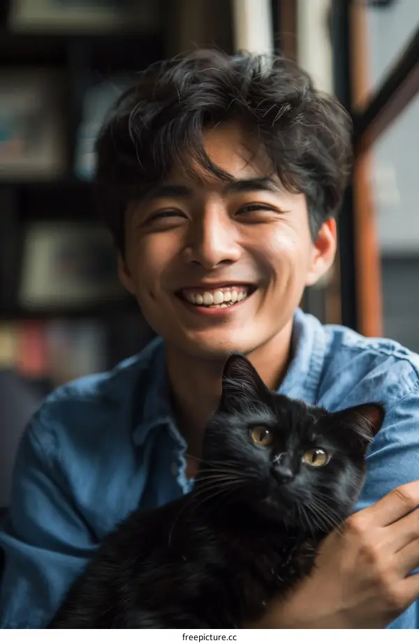 A young Asian man is smiling and hugging a black cat.