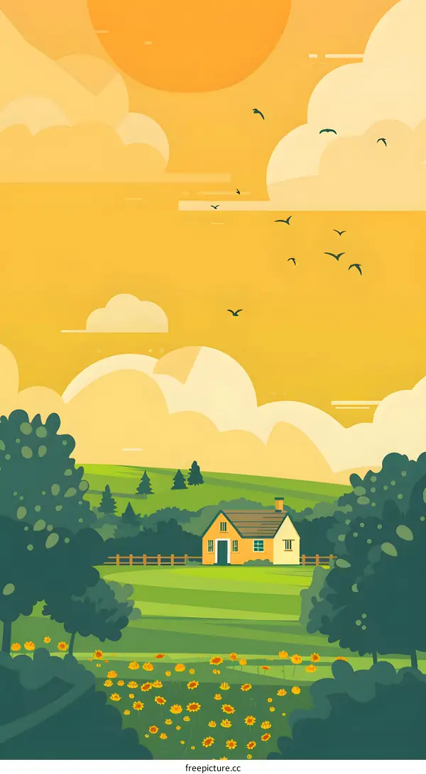 Sunset Landscape Illustration With Yellow House And Birds