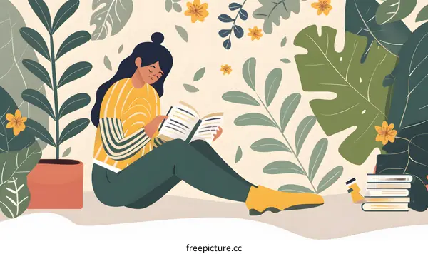 Woman Reading Book Surrounded By Lush Green Foliage