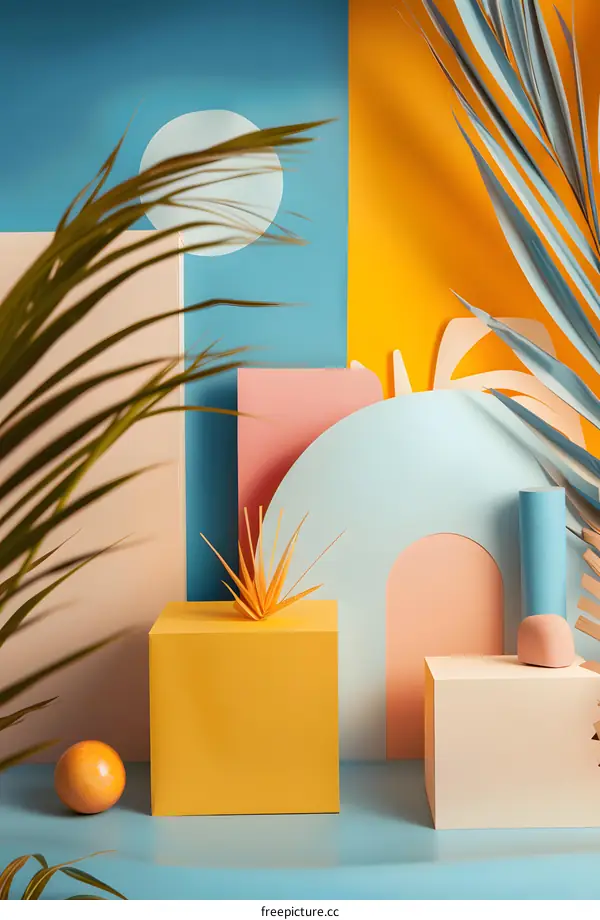 Abstract Summer Background with Palm Leaves and Geometric Shapes