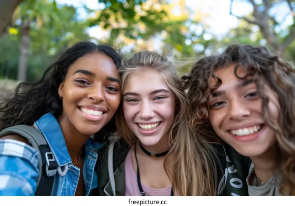 Three happy teenage girls taking a selfie outdoors