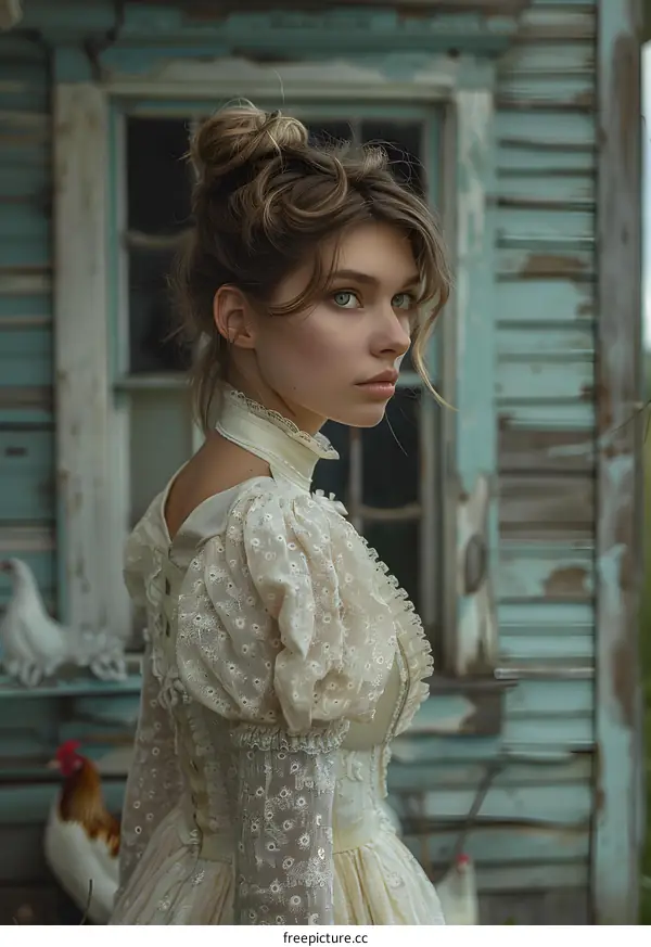 portrait of a girl in a vintage dress standing in front of a rustic wooden house