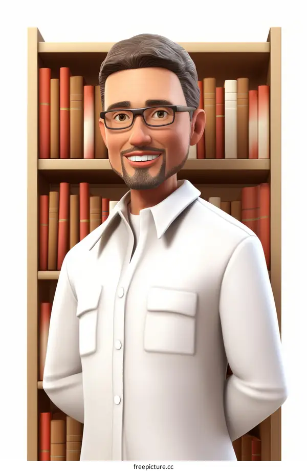 A 3D rendering of a man standing in a library