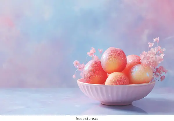 Pink Decorative Fruits in Bowl Against Pastel Background
