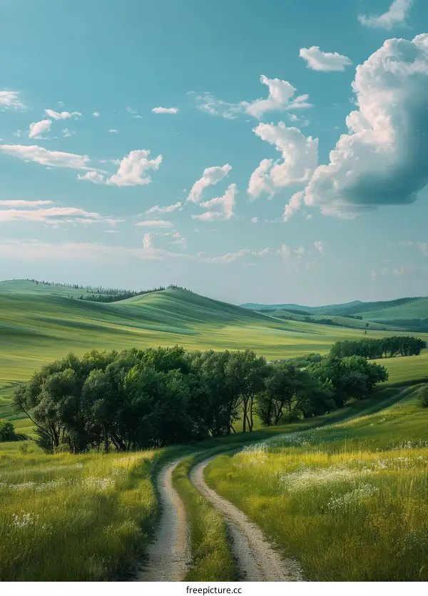 Scenic Country Road Winding Through Rolling Green Hills