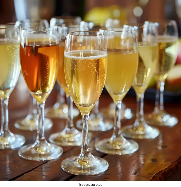 Close Up Of Champagne Glasses On A Wooden Table