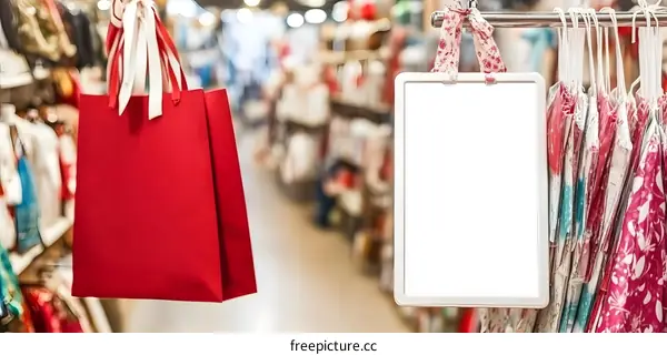 Red Shopping Bag and White Blank Sign In Store