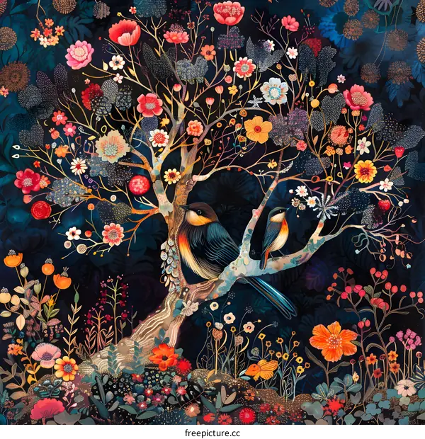 Two Birds Perched on a Blooming Tree