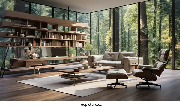 Modern living room interior with large windows and forest view