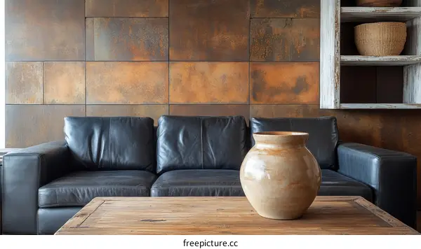 Modern Living Room Interior with Rustic Wall and Sofa