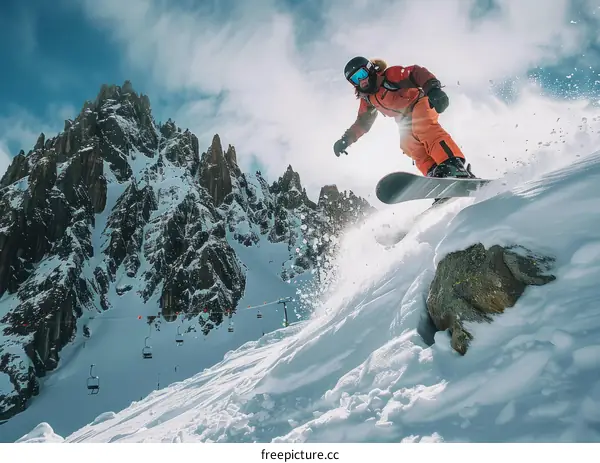 Man snowboarding down a steep mountain slope