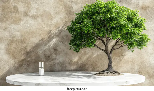 Minimalist Bonsai Tree on Marble Tabletop