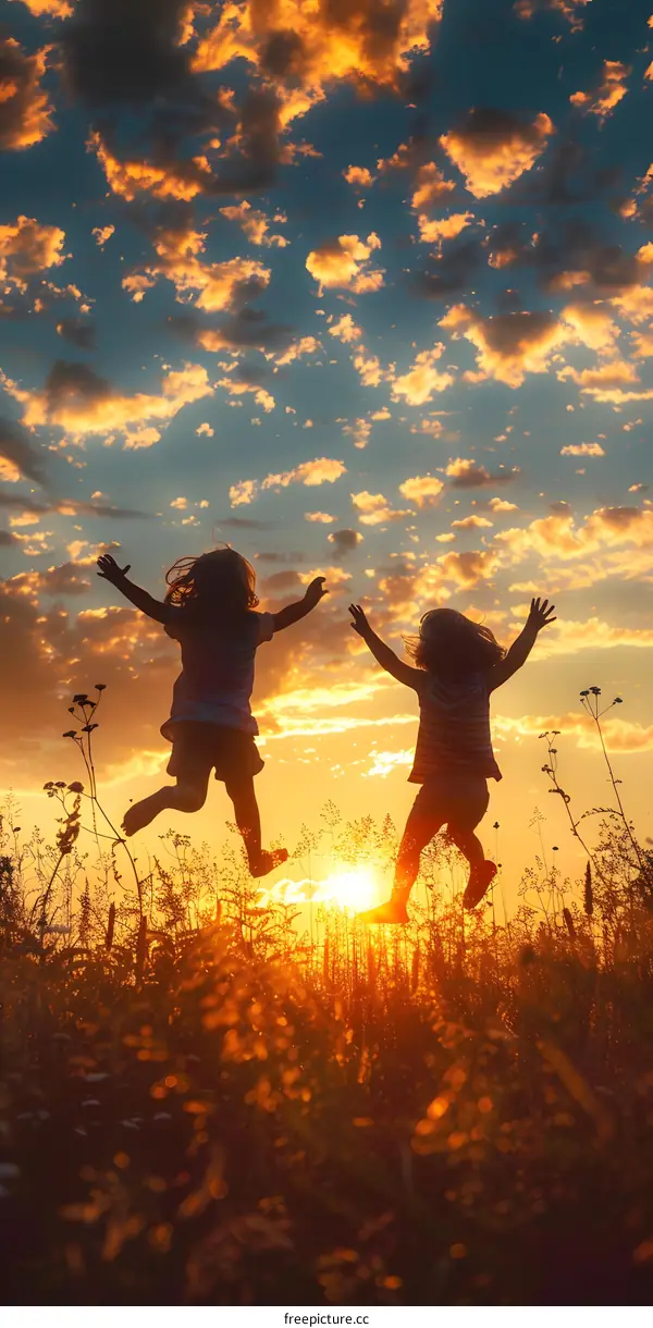 Two Kids Jumping In The Sunset