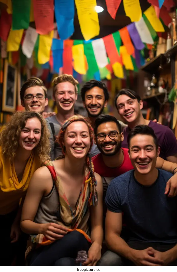 Group of friends posing for a photo in a colorful room
