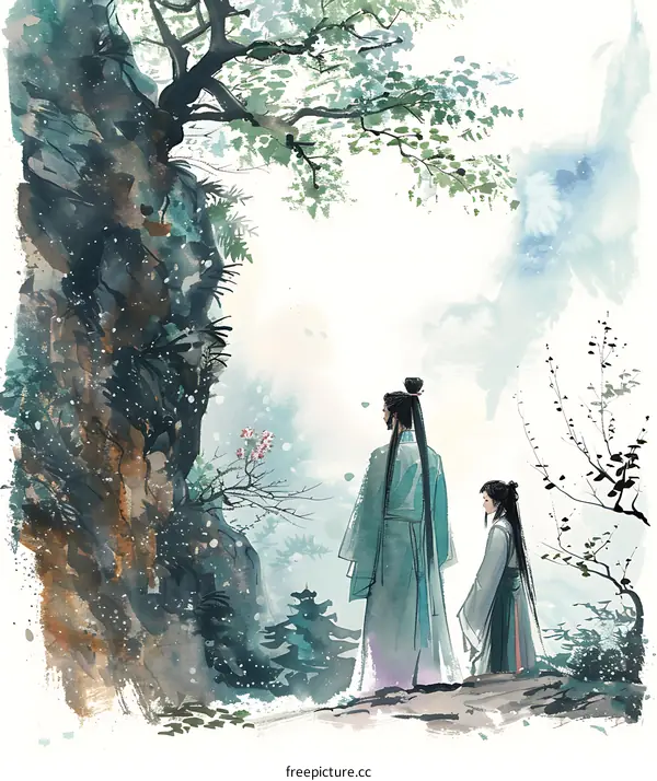 An illustration of two people in ancient Chinese clothing standing on a cliff looking at a waterfall.