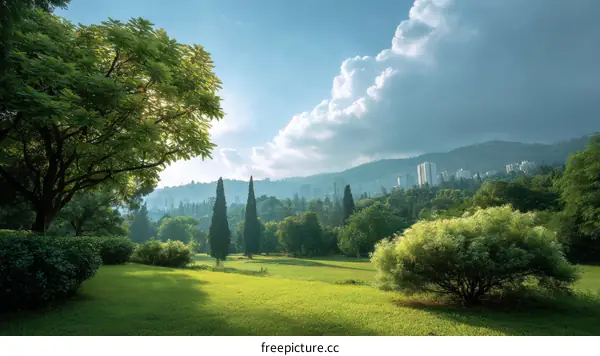 Park Landscape with City Skyline at Sunrise