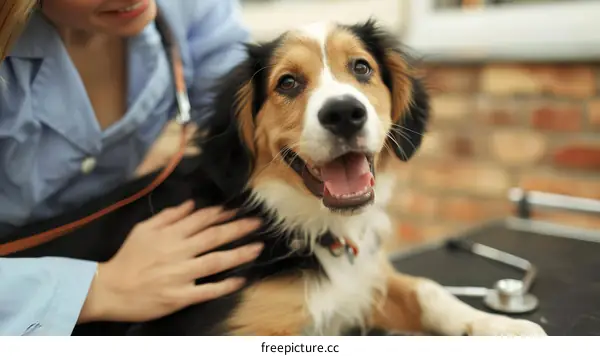 Close-up of a happy dog being examined by a veterinarian