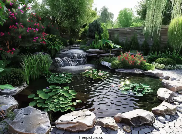 Serene Garden with Pond, Waterfall, and Flowers