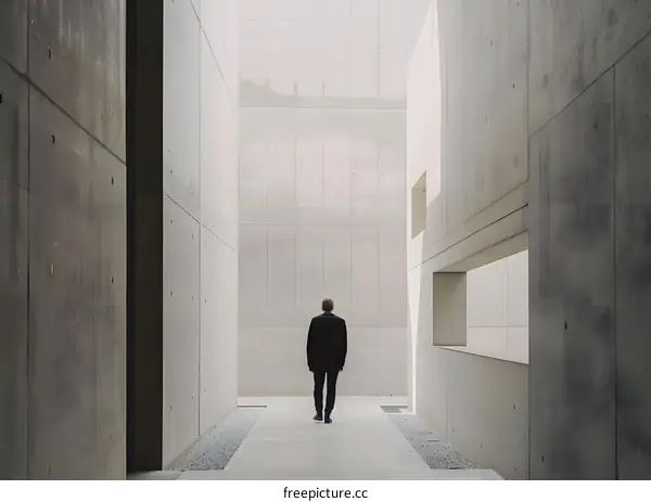 Man Walking Alone in a Concrete Building Hallway