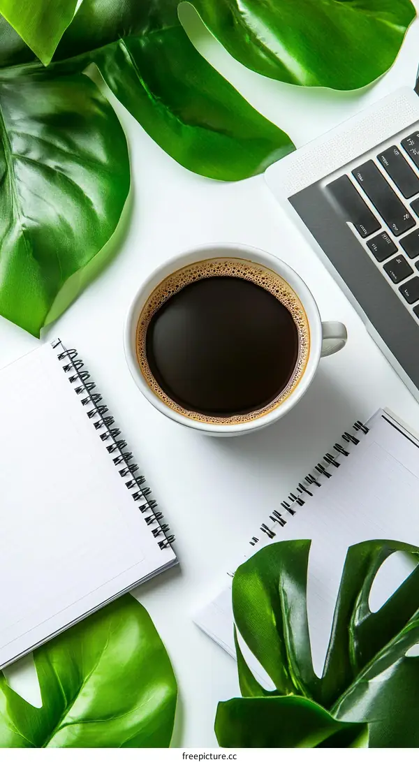 Flat Lay Workspace with Coffee and Notebook