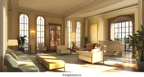 Modern Living Room With Large Windows and Sunbeams