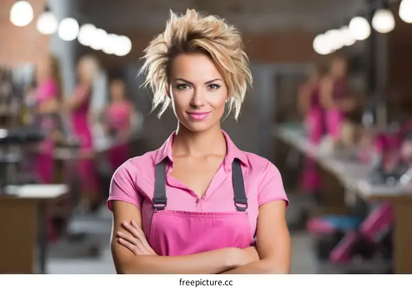 Portrait of a young woman wearing a pink apron standing in a hair salon