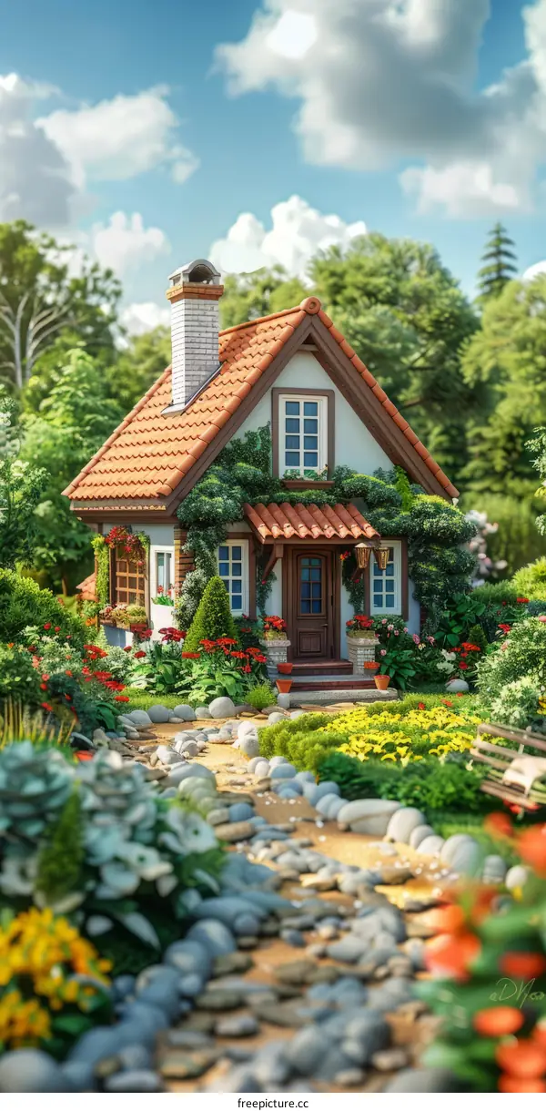 Small cottage in the woods surrounded by flowers