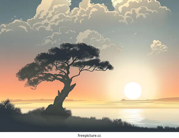 Silhouette of a Tree at Sunset with Clouds in the Sky