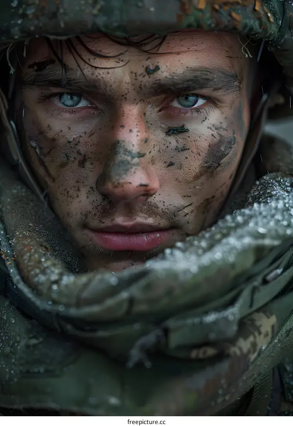 Portrait of a young soldier with blue eyes and a dirty face