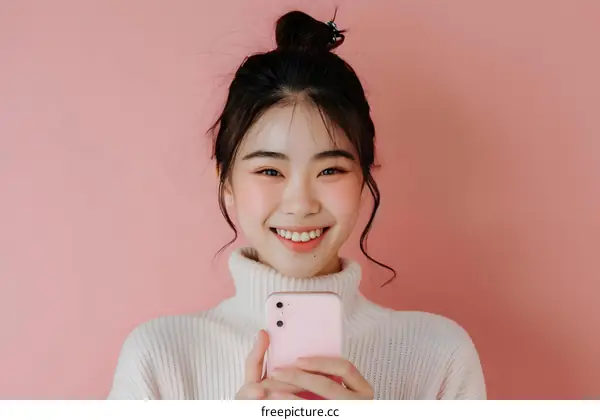 Smiling Asian Woman Holding Smartphone in Front of Pink Background