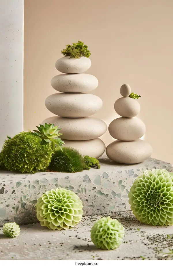 Stacked Stone Rocks With Green Moss and Plants