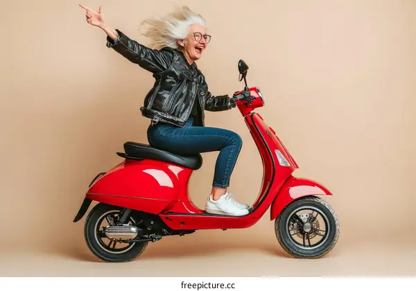 Stylish Senior Woman Riding a Red Scooter