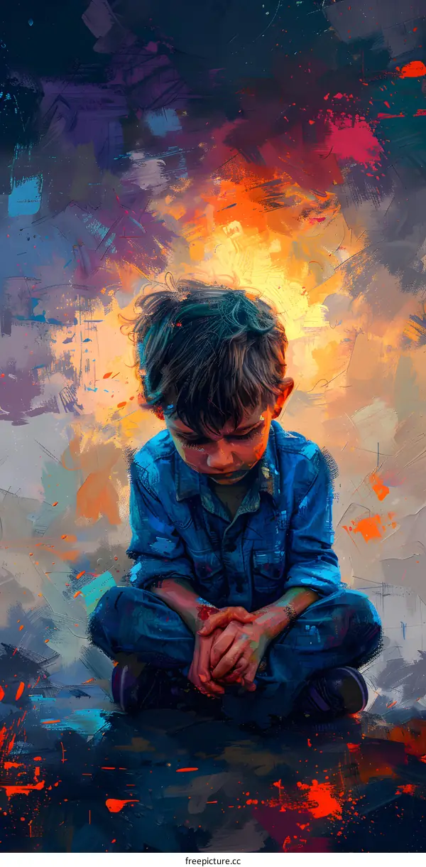 Little boy looks sad with colorful background