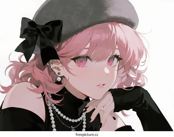 Pink-haired anime girl wearing black beret with bow and accessories