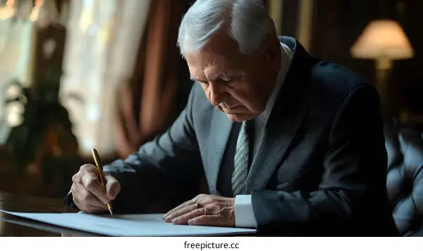 Senior Businessman Signing Documents with Gold Pen