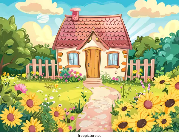 Cute Cartoon House Illustration with Garden and Sunflowers