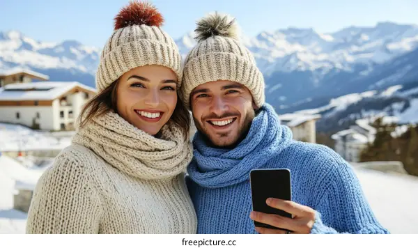 Couple enjoying winter snowy mountain resort