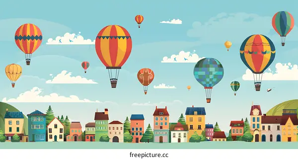 Colorful Hot Air Balloons Over a Small Town