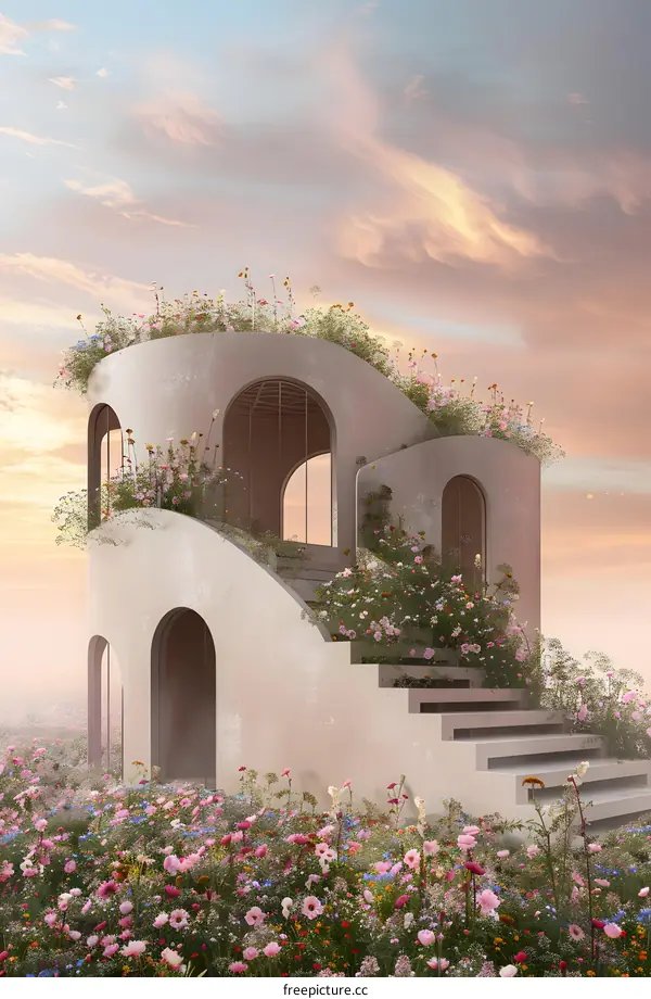 Dreamy Flower Garden with White Circular House and Steps