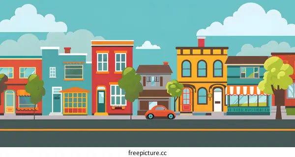 Colorful Illustration of Cityscape With Buildings and Trees