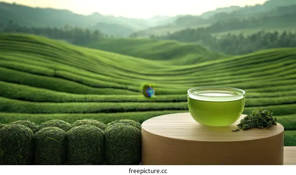 Green Tea Cup in a Tea Plantation Landscape