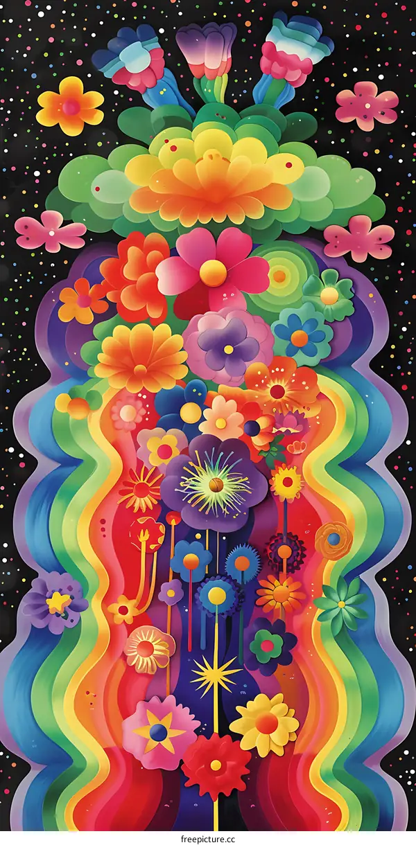 Colorful Flower Illustration with Rainbow and Black Background