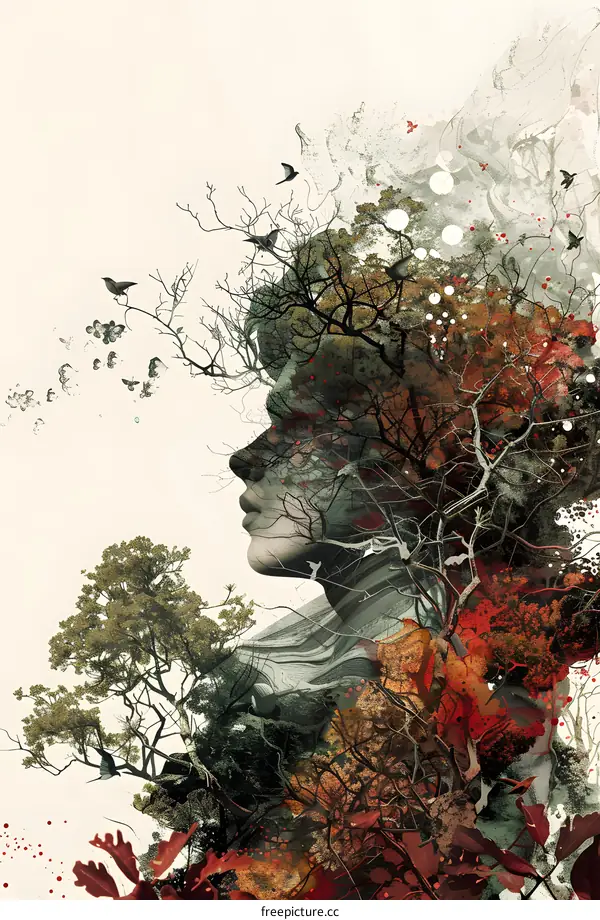 Abstract Watercolor Art Portrait with Nature and Birds