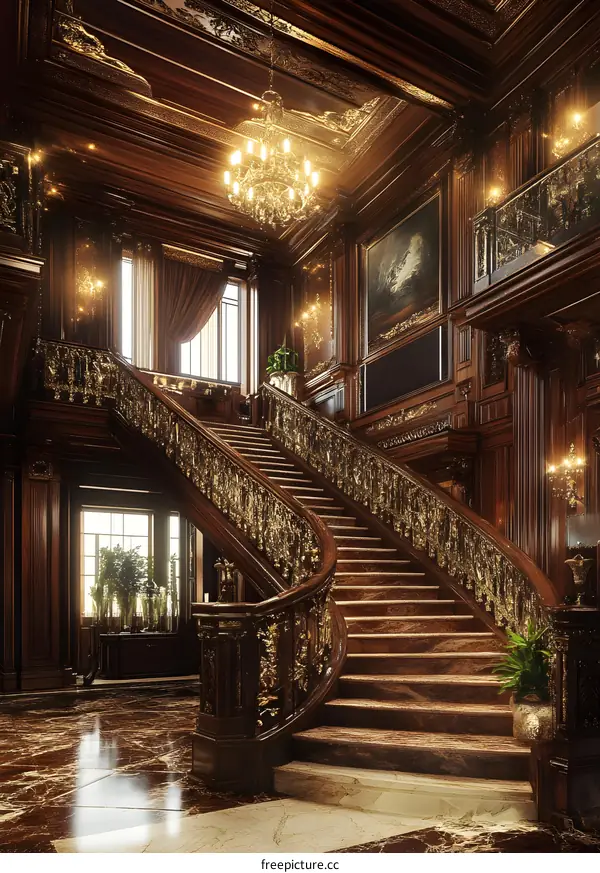 Elegant Wooden Staircase in a Grand Mansion