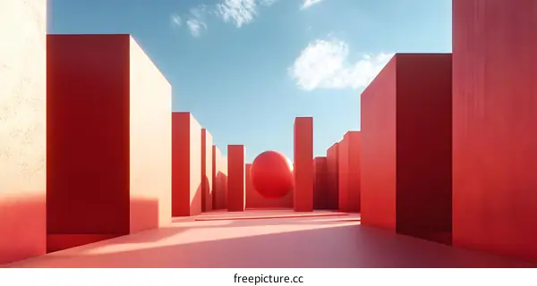 Abstract Red Geometric Shapes And Sphere