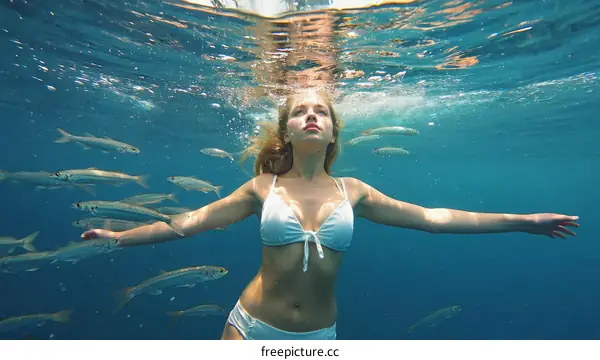 Underwater Woman Surrounded by Fish
