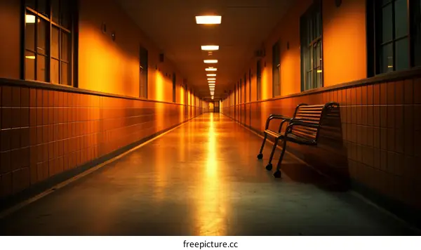 An empty hospital hallway with a single bench