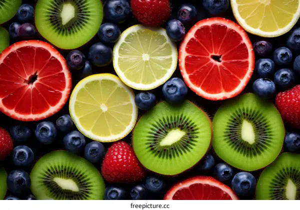 Various citrus fruits and berries